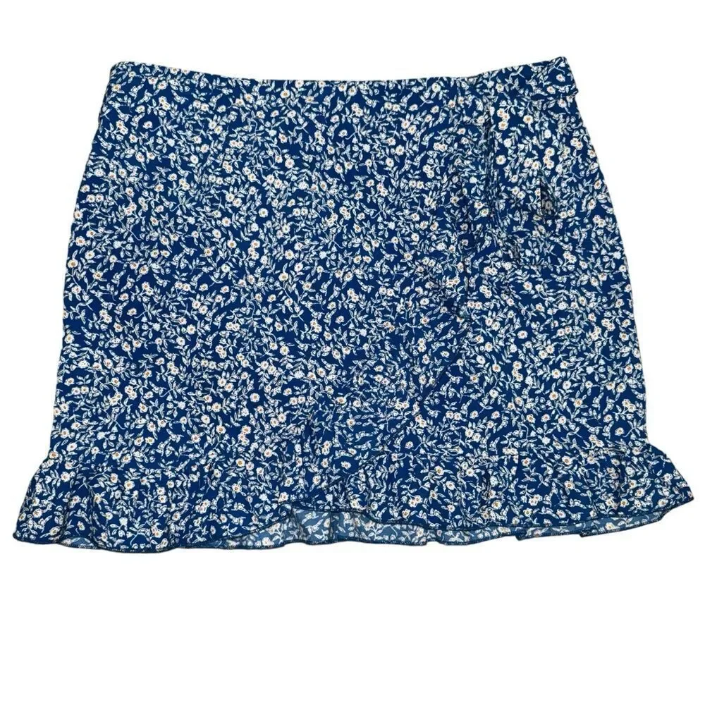 NWT Zaful blue and white Floral Wrap tie front zip up back mini Skirt size L